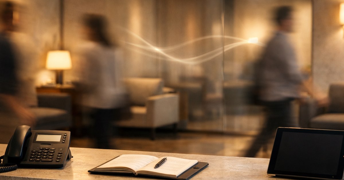 Busy reception desk with phone and tablet, representing peak period phone call triage and calm routing
