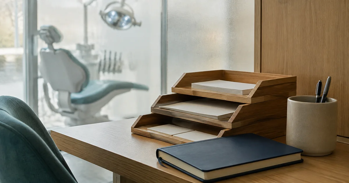 A dental practice follow-up station with appointment cards, organised trays and a diary